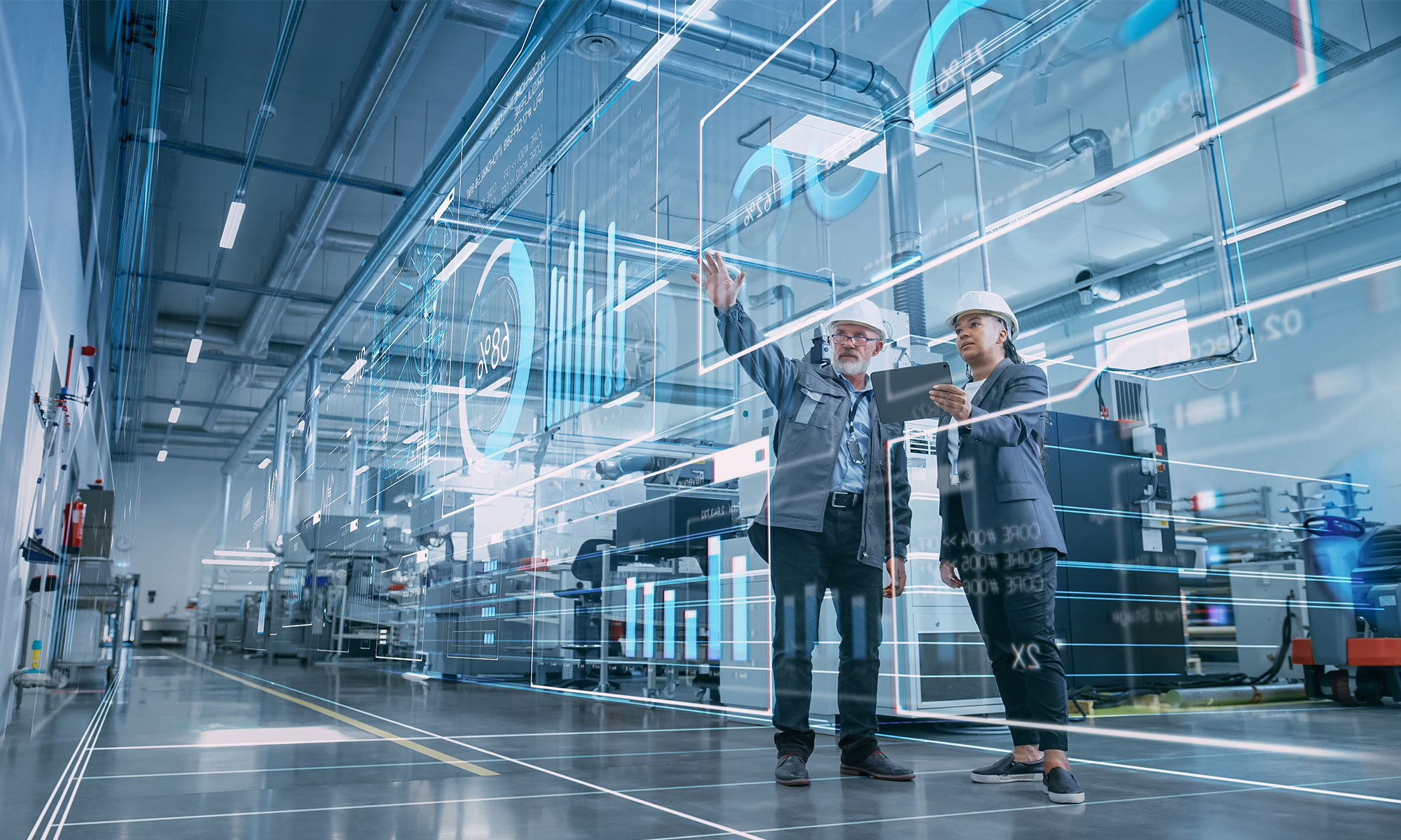 Engineers working on advanced aerospace technology inside a high-tech facility.