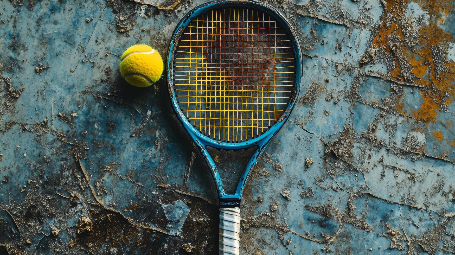 Tennis racket resting on court surface under stadium lights.