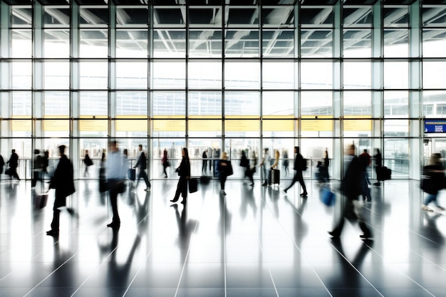Travelers walking through a busy international airport terminal.