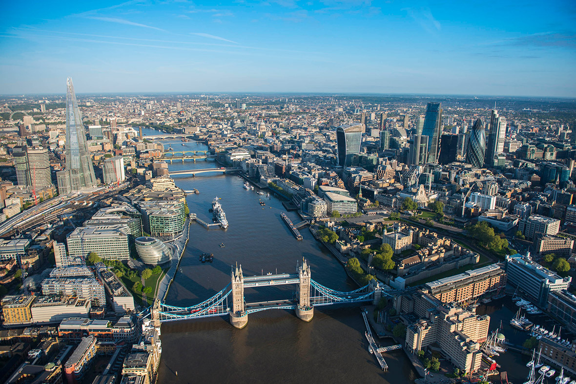 An aerial view of central London architecture along the Thames.