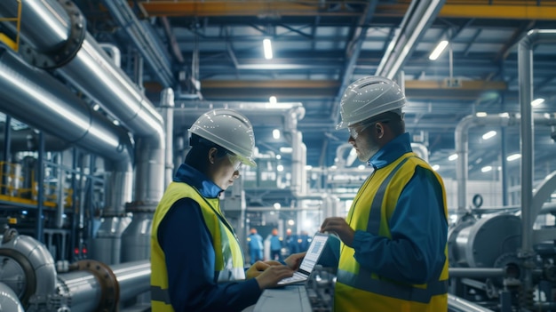 Engineers in hard hats and safety vests reviewing data on a laptop inside an industrial plant or manufacturing facility.
