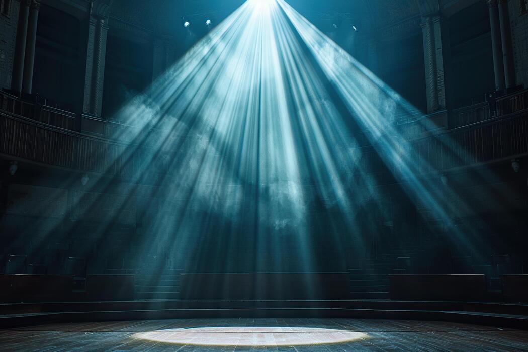 A vintage theatrical stage illuminated by dramatic bright spotlights.