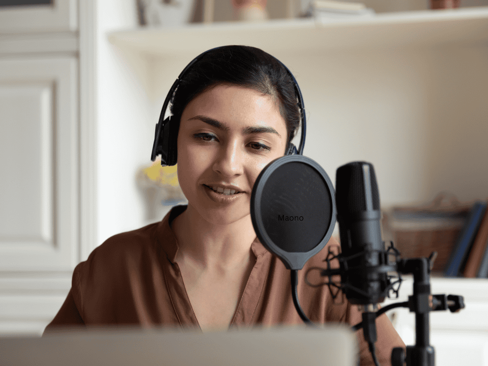 Professional recording studio microphone setup for voice acting work.