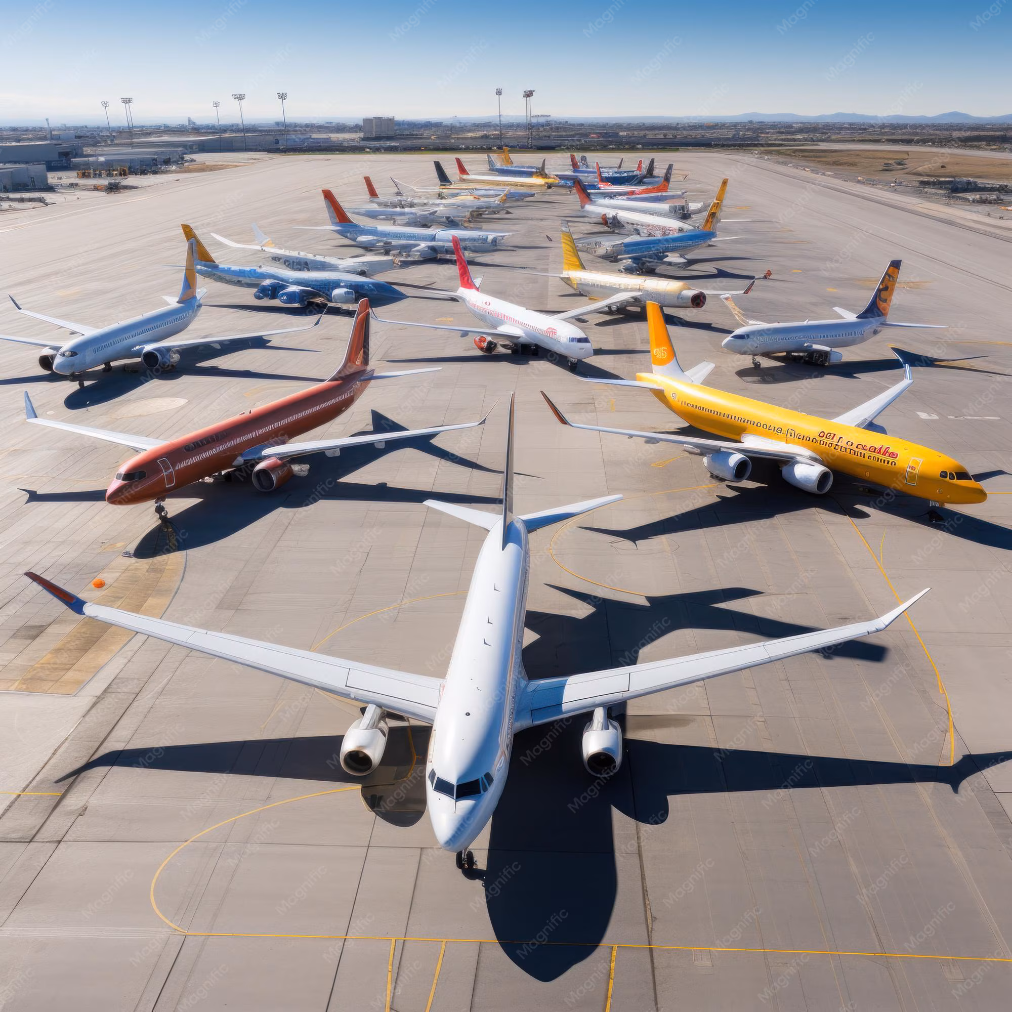 Commercial aircraft parked on an airport tarmac under clear skies.