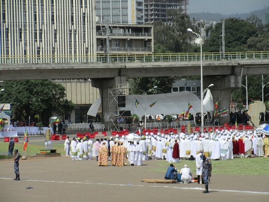 People gathered for a religious or cultural gathering near Meskel Square in Addis Ababa, Ethiopia.