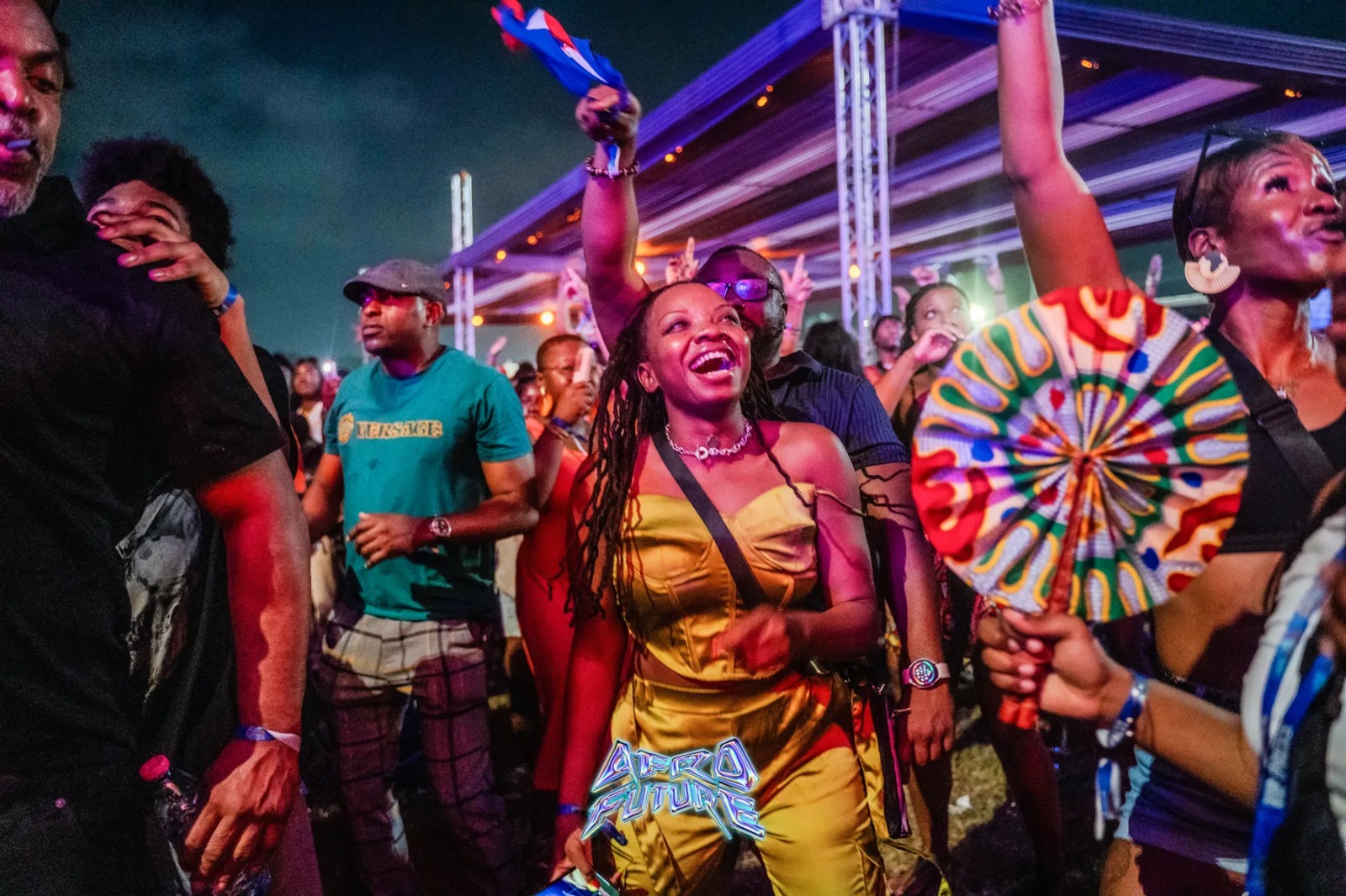 Music fans and concertgoers celebrating and enjoying a live performance at an outdoor festival event.
