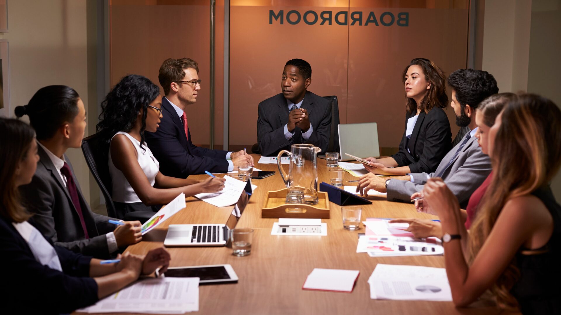 Corporate executives utilizing the private boardroom in Cantonments, Accra, Ghana.