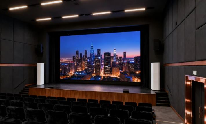 Large commercial movie theater screen glowing in a dark auditorium.