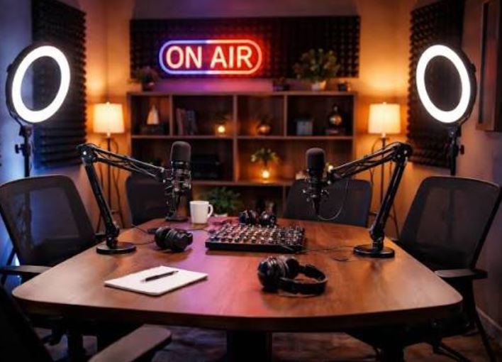 Microphones, mixing console, and ring lights set up inside a professional podcast and recording studio