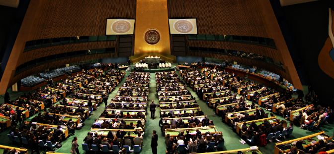 Delegates assembling inside the United Nations General Assembly hall during the map resolution vote in New York, USA.