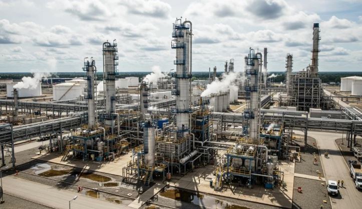 Large industrial oil refinery processing towers under a clear sky.