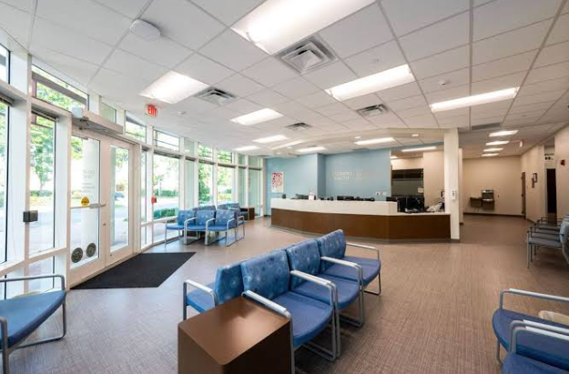 Interior lobby of a contemporary public health facility in Victoria.