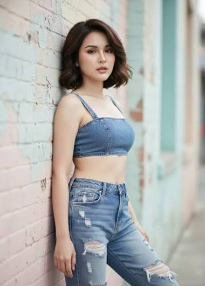 Model posing in modern denim wear against an urban architectural backdrop.