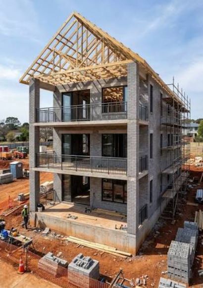 Multi-story residential apartment building under construction with scaffolding on a active site.