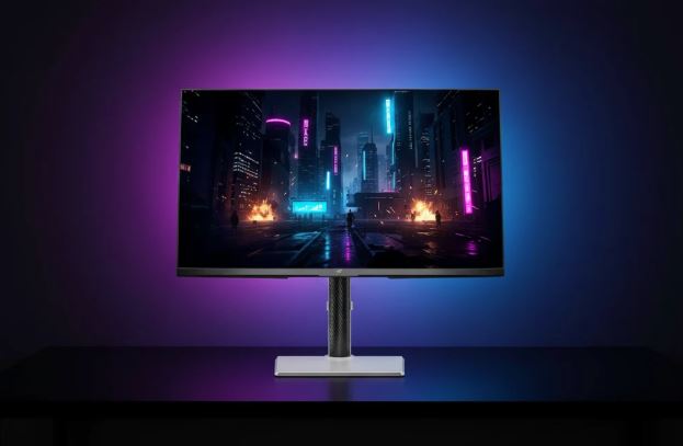 Gaming monitor displaying high-resolution virtual environments in a dark room.