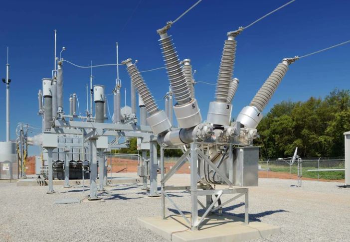 Electrical power substation transformers and high-voltage switchgear hardware.
