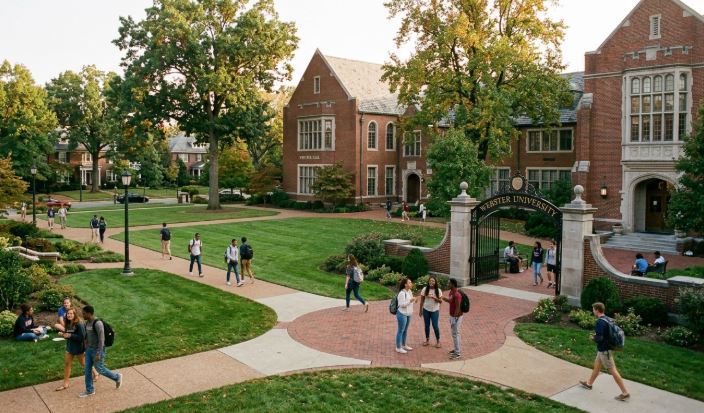University campus walkway surrounded by historic academic brick buildings.