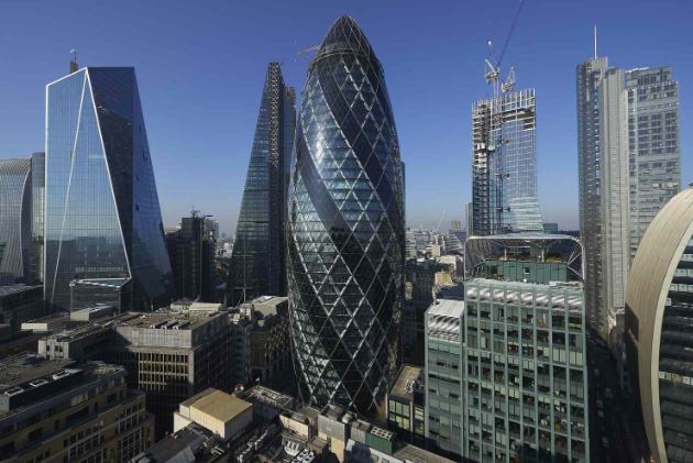 Financial district skyscrapers and office towers in central London.