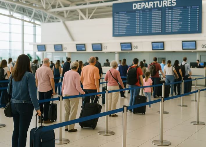 Busy airport terminal check-in hall with passengers and departure boards.